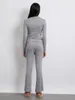 Kvinnors T-skjortor Kvinnor Två stycken Flare Pants Set Crew Neck Crop Top och fold-Over Low Rise Ribbed Slim Lounge Sets Tracksuit