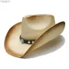 Szerokie brzegowe czapki wiadra styl retro damskie męskie letniste str. Western Cowgirl Fedora Cowboy Hat Turkusowe koraliki skórzane opaski 58cm 240319