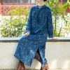 Etniska kläder 2024 kinesisk bomullslinne tryckt klänning kvinnors vinter förtjockade qipao lång kjol blommig tryck blå cheongsam