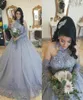 Plus Size Silver Princess Wedding Dresses Bridal Dress 2022 High Neck spetspärlor Sweep Train långärmad arabisk kyrka bröllop go1978182