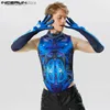 Men's Tank Tops 2023 Men Bodysuits 3D Printing Turtleneck Sleeveless Golves Fitness Male Rompers Tank Tops Sexy Fashion Bodysuit S-5XL L240319