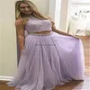 Lilac Two Pieces Prom Dresses 2024 Sexig Halter Backless Boho Lace aftonklänning Elegant födelsedag Formell festklänning Flowy Violet Dress Vestios de Fiesta 2024