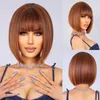 Synthetic Wigs Short Straight Bob Wigs Golden Brown Synthetic Hair Wig with Bangs for Black Women Cosplay Party Wig Heat Resistant Fiber 240329
