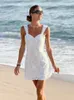 Casual jurken, sexy, A-lijn, witte kanten jurk met borduurwerk, mini-ruches, zomervakantiefeest