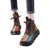 Bottines courtes à lacets pour femmes, chaussures décontractées, couleurs mélangées, bout rond, rétro, faites à la main, plateforme, automne, 2024
