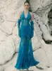 Robes décontractées Femmes Bleu Sexy Dentelle Halter Maxi Longue Robe Avec Des Gants 2024 Mode Élégante Fête De Mariage Celebrity Club Robes De Bal