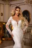 New Lace Mermaid Wedding Dresses Sheer Long Sleeves Tulle Applique High Neck Illusion Back Court Train Bridal Gowns With Buttons Back