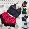 Mulheres sleepwear mulheres pijamas conjunto sexy cetim renda sleepwear lingerie senhoras elástico suspender shorts nightwear ternos sem mangas roupa interior topsc24319