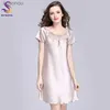 Vêtements de nuit pour femmes 2020 nouveau doux jeunes femmes chemise de nuit en soie imprimé mode genou longueur fille vêtements de nuit été dames chemises de nuit PinkCamelBlueC24319