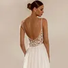 V Nek sexy zijde splitsen een lijn trouwjurken zomer strand elegante kanten chiffon boho bruidsjurken met plooienvats de novia backless yd