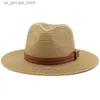 Chapeaux à larges bords Chapeaux de seau 54-57-59-60CM Panama naturel doux Str chapeau avec ceinture marron été femmes large marron plage chapeau de soleil Protection UV Fedora chapeau Y240319