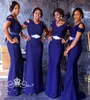 2020 New Royal Blue Satin Long Bridesmaid Dresses With Short Sleeves Beading Sash African Women Mermaid Maid Of Honor Dress Party 1236346