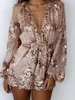 Autumn Gold sequin embroidery elegant jumpsuit sexy romper Transparent mesh sleeve playsuit women Deep v neck overalls 240306