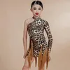 Bühnenkleidung 2024 Mädchen Latin Dance Kleid One-Sleeve Frinde Leopard Praxis Kleidung Cha Rumba Ballsaal Kostüm DNV18894