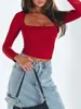 Camisetas femininas moda fino ajuste colheita topos manga longa pescoço quadrado cor sólida blusas elegantes y2k verão cami streetwear