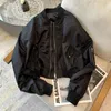 Spring Autumn Vintage Croped Womens Bomber Jacket Overized Korean Streetwear Zipper Fashion Short Black Coats Casual Tops 240319