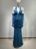 Casual Dresses Women Blue Sexy Spets Halter Maxi Lång klänning med handskar 2024 Fashion Elegant Party Wedding Celebrity Club Prom Gowns