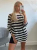 hirigin Women Striped Jacquard Mesh Knitted Pullover Long Sleeves Female Sweater Chic Top Y2k Autumn Sweaters Dress For 240311