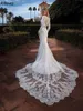 Trumpet Mermaid Boho Wedding Dresses with Long Sleeves V Neck Lace Appliqued Bridal Gowns Court Train Illusion Back Slim Fitted Elegant Satin Robes De Mariee YD