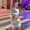 Work Dresses 2024 Pu Faux Leather Women 2 Pieces Set Long Sleeve Crop Top Mini Skirt Suit Matching Co Ords Outfits Y2K Streetwear Club