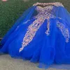 2022 Trendy Royal Blue Gold Embroidery Quinceanera Dresses Ball Gown with Cape Robe Beaded Crystal Tulle Princess Sweet 15 Charra 6359546