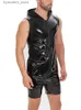 Herren Tank Tops S-7XL Ärmellos Glänzendes Kunstleder Tank Top Wet Look PVC Kapuzenweste Tanktop Strumpfhosen Gothic Hip Hop Shirt Muscle Hot Shapers L240319