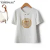 T-shirt damski 2024 Lato nowy chiński styl młodzieńczy kobieta ubrania z koralikami czarna szczupła kosmiczna bawełna haftowane krótkie rękawy, oversize t-shirtsc24319