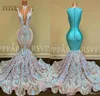 Stylish 3D Flora Mermaid Prom Dresses Gliter Sequins Appliqued Long Party Evening Gowns Sheer Neck Zipper Back Vestidos de fiesta 3248355