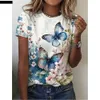 T-shirt damski 2024 NOWOŚĆ O NECK 3D Butterfly Print T Shirt Damskie T-shirt Summer Fashion krótkie rękawy