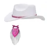Baskenmütze, weiß, Cowgirl-Hut, Fransen, Bandana-Set für Damen, Vintage-Western, breite Krempe, Blumenquasten, Kopfwickelschal