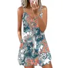 Vestidos casuais mulheres verão boho floral impressão praia vestido com decote em v sem mangas cinta de espaguete vestidos de verão com bolsos vestido feminino