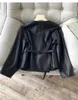 Women's Jackets 2024SS Spring Fashion Women V Neck Black Real Leather Coat Outerwear With Belts For Female Jacket