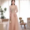 Roupas étnicas Mulheres Exquient Longo Noiva Vestido de Noiva Estilo Strass Renda Manga Qipao Sexy Khaki Cheongsam Flor A-Linha Vestido Chinês