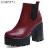 Boots Covoyyar 2023 Vintage Platform Chunky Heel Ankle Boots Women Spring Autumn Fashion Booties Woman Shoes Black/Red Size 40 WBS279