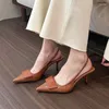 Sandalias 2024 Primavera Marrón Marca Mujer Sandalia Moda Hebilla Damas Elegante Vestido Slingback Zapatos Fino Alto Tacón Puntiagudo Bomba