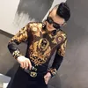 Luxury Paisley Black Gold Printed Shirt Mens Royal Club Clothing Korean Mens Long Sleeve Slim Long Sleeve Shirt Tuxedo Shirt 240319