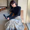 Saias Coreano Chic Vintage Cintura Alta Impressão Grande Balanço Mulheres Mujer Faldas Solto Elegante Temperamento Roupas Moda