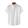 Men's T Shirts Men Solid Color Shirt Stylish Stand Collar Button-up For Business Beach Wear Short Sleeve Loose Fit Top