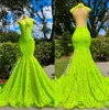 Sexy Green Backless Mermaid Prom Dresses High Neck Sheer Plunging V Neck Formal Evening Gowns Black Girls Vestidos de bal BC18422