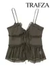 Trafza Women Y2k Solid Ruffle Tank Top Sexig genomskinlig främre slips beskuren topp sommaren söt av axel kamisol toppar kvinna 240408