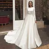 Modest Satin A Line Wedding Dresses For Bride Jewel Neck Appliqued Sash Boho Bridal Gowns Simple With Long Sleeves Sweep Train Muslim Elegant Robes de Mariee YD