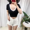 Mulheres Camisetas Verão Moda Sólida V Pescoço Mulheres Manga Curta Sexy Crop Tops Senhoras Casual Tees Top Feminino Preto Branco Camisetas