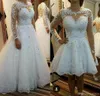 vintage Long Sleeve Short Wedding Dresses Removable skirt Beach Boho Puffy Tulle Lace Plus Size Country Sheer Button Back Bridal G3179100