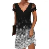 Casual Dresses Women Summer Dress See-through Lace Patchwork Printed Lady Flower Edge V Neck A-line Loose Hem Short Sleeves Mini