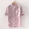 Herren-Freizeithemden, Sommeroberteile, modische Farbe, gestreift, Baumwolle und Leinen, halbe Button-Down-Bluse mit Taschen, kurzärmeliges Stehkragenhemd