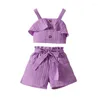 Kleidungssets Baby Mädchen Sommer 2-teiliges Outfit Einfarbig Rüschen Knopf Cami Tops Gürtel Shorts Kleidung