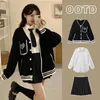 Fleece Sweatshirt Jacket Womens Korean Academy Skirt Student Preppy Button-up V-Neck Sweatshirt Cardigan Girl Suits 240328