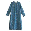 Ethnic Clothing 2024 Chinese Cotton Linen Printed Dress Women's Winter Thickened Qipao Long Skirt Floral Printing Blue Cheongsam