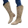 Bottes de Cowboy occidentales brodées pour femmes, automne, bout pointu, talon épais, genou haut, ample, en cuir PU, longues Botas Mujer