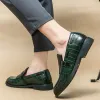 Shoes New Green Men Loafers Square Toe SlipOn Tassels Brown Crocodile Pattern Business Formal Shoes Size 3848